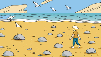 Aufkleber - Walking along a sandy beach the cool salty ocean breeze blows through your hair. Seagulls fly overhead and the sound of waves crashing on the shore. Cartoon Vector.