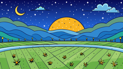 Aufkleber - Under the stars A wide and open field with a clear night sky filled with countless ling stars. The air is crisp and cool and the only sounds are the. Cartoon Vector.