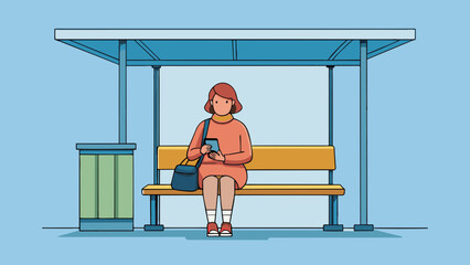 Aufkleber - Waiting at the bus stop A woman waits at a metal bench under a covered shelter. She sits on one end her legs crossed and a book in her lap. Her phone. Cartoon Vector.