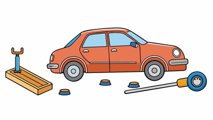 Poster - Use a car jack to lift the car off the ground and then remove the lug nuts and the flat tire.. Cartoon Vector.