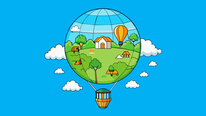 Poster - Up Envision a hot air balloon floating high above the earth surrounded by vast blue skies and puffy white clouds. Below tiny houses and trees can be. Cartoon Vector.
