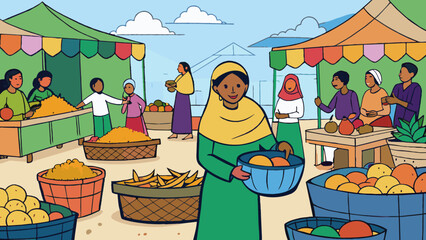 Poster - Walking through a traditional market youll find vendors selling handwoven baskets freshly picked fruits and vegetables and colorful handmade textiles.. Cartoon Vector.