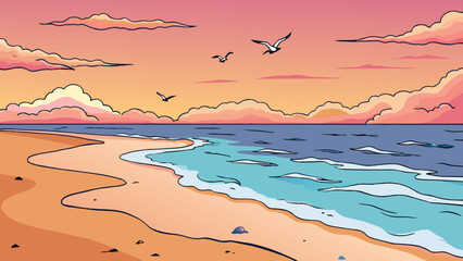 Aufkleber - West Visualize a peaceful beach at sunset with gentle waves lapping against the shore and the sky painted in shades of pink and orange. Seagulls soar. Cartoon Vector.