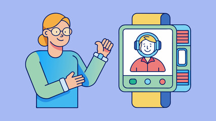 Fototapete - When receiving a call a person presses a button on their smarch and answers the call through the devices small display. The voice of the caller can be. Cartoon Vector.