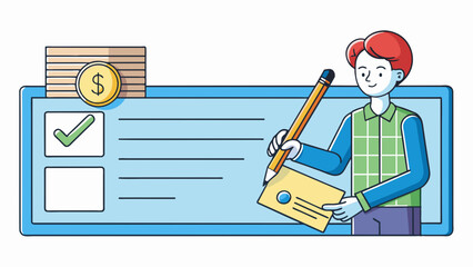 Aufkleber - When writing a check a person uses a pen to fill in various fields such as the date payees name and amount of money being paid. The fields are. Cartoon Vector.