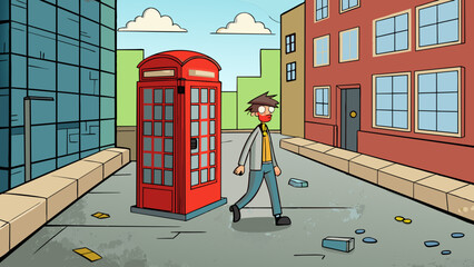 Poster - Walking down the city street a red telephone booth is visible on the left corner. Its painted metal exterior is peeling revealing the rusted metal. Cartoon Vector.