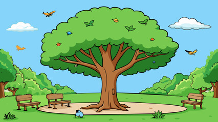 Wall Mural - While strolling through a park I noticed a tall tree with sprawling branches covered in bright green leaves. Its trunk was sy and thick providing. Cartoon Vector.