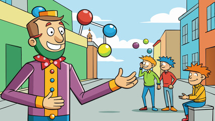 Poster - While strolling through a bustling city street a man passes by a street performer juggling colorful balls. The performer is dressed in a bright. Cartoon Vector.