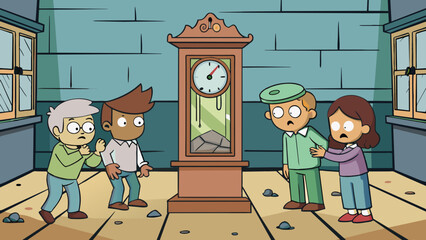 Poster - While exploring an abandoned house a group of friends stumble upon an old grandfather clock. The clocks hands are frozen at 3 oclock and the glass. Cartoon Vector.