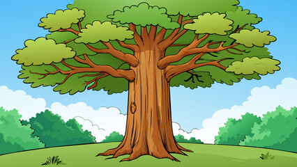 Aufkleber - While hiking in the forest I came across a tall majestic oak tree. Its trunk was thick and gnarled with rough bark and patches of moss growing on it.. Cartoon Vector.
