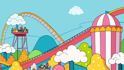 Poster - While waiting in line at the amut park I noticed a bright colorful rollercoaster in the distance. It towered over the rest of the rides with twists. Cartoon Vector.