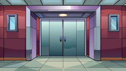 Poster - With a flick of a switch the elevator begins to slowly arise from the ground floor. Its sleek metallic doors open to reveal a mirrored interior. Cartoon Vector.