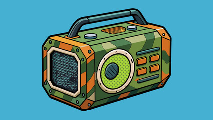 Poster - With a bold rugged exterior this speaker was made for the outdoors. Its rubberized coating and waterproof construction made it durable and ready for. Cartoon Vector.