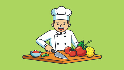 Poster - With a smooth flick of their wrist the chef quickly chopped the crisp vibrant vegetables on the ting board.. Cartoon Vector.