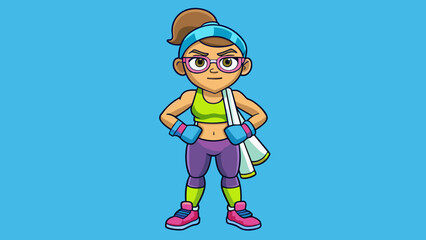 Poster - With a fierce determination in her eyes this girl is dressed in workout clothes and a pair of neon trainers. She carries a water bottle and a sweat. Cartoon Vector.