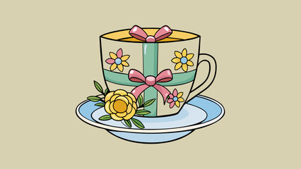 Poster - With a gentle shake the wrapped present revealed a beautiful porcelain teacup delicately painted with colorful flowers and a gold rim.. Cartoon Vector.