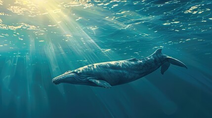 A majestic whale swimming in the ocean with a serene background, isolated on a green background