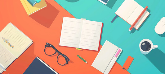 engaged learner environment, flat design, top view, study materials setup, cartoon drawing, complementary color scheme.