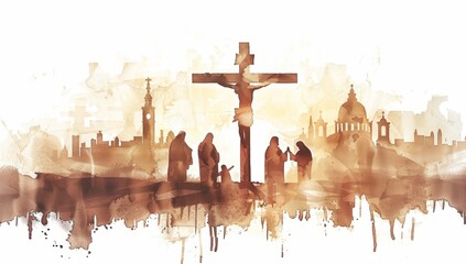 Jesus dies on the Cross.The Crucifixion and Death of Jesus.Digital watercolor painting.