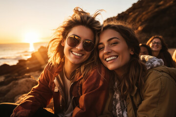 Two happy young women smile brightly against a beautiful ocean sunset