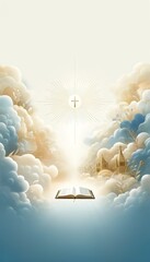 Wall Mural - Poster on a religious theme 9. A stylized image of a cross, a church and the Bible in the sky among clouds. For advertising, presentations, postcards