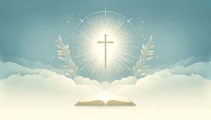 Wall Mural - Poster on a religious theme 23. A stylized image of a shining cross and the Bible in the sky among clouds. For advertising, presentations, postcards