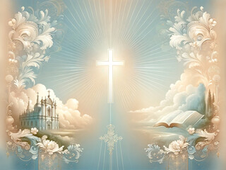 Wall Mural - Poster on a religious theme 29. A stylized image of a shining cross, the Bible and a church in the sky among clouds and flowers in the baroque style. For advertising, presentations, postcards