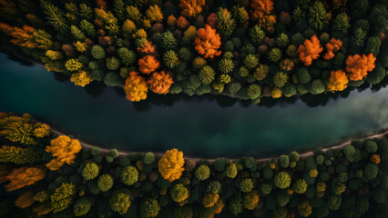Wall Mural - Drone aerial view of autumn forests, lakes, and rivers, golden mountains and fields, magnificent scenery, background, and banners