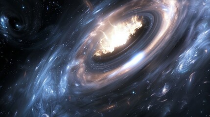 Poster - A black hole in the center of a swirling galaxy, emitting a bright white light.