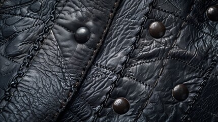 Poster - A black leather background with intricate stitching and metal hardware.
