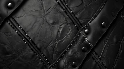 Poster - A black leather background with intricate stitching and metal hardware.