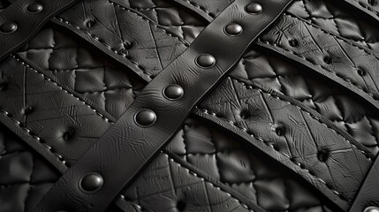Poster - A black leather background with intricate stitching and metal hardware.