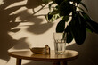 © Amor Burakova/Stocksy - Table with glass of water with shadow of houseplant on the wall