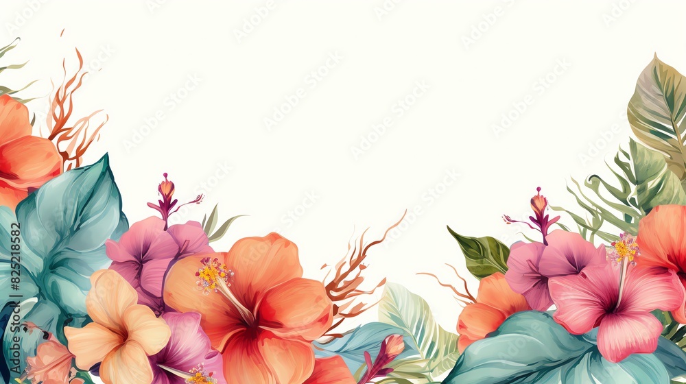 Watercolor tropical floral border with hibiscus flowers and leaves ...