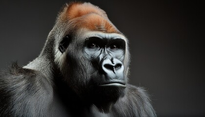 gorilla close up head on black background