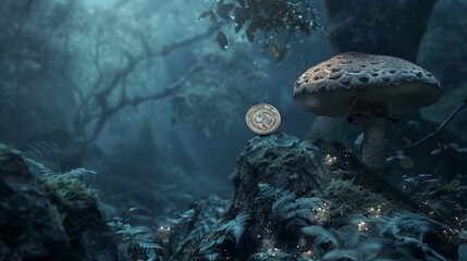 Wall Mural - Enchanted mushroom with a golden coin in a foggy forest