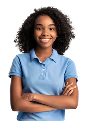 Teenage African American girl wearing light blue polo t-shirt uniform. Posing over isolated transparent background