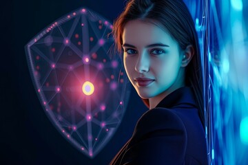 Poster - A confident woman stands beside a holographic shield symbol, implying data protection