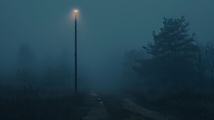 Wall Mural - Foggy path with a light pole in a forest at night