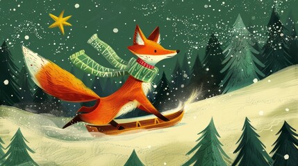 Wall Mural - Fox sledding in a snowy forest for a festive christmas card