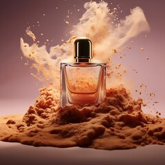 Wall Mural - Glass bottle of perfume with liquid inside with sand dunes explosion splash in studio background illustration image generative ai, product shot for advertising in poster, banner and brochure