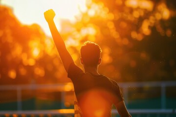 Cheerful young man standing with his arm raised in a gesture of triumph