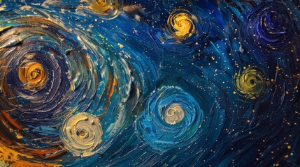 Poster - background with swirling brushstrokes, vibrant colors, and iconic stars, capturing the artist's unique post-impressionist style.