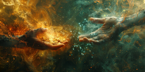Wall Mural - two hands are reaching out to each other in a painting