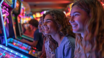 Three young women are playing arcade games and having fun. They are smiling and laughing. The background is colorful and bright.