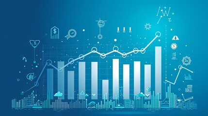Poster - Financial Growth Concept: Bar Graph with Increasing Values and Icons on Blue Gradient Background