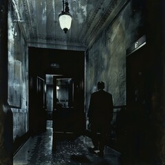 Poster - a dark and ominous vestibule with a shadowy receptionist in the corner