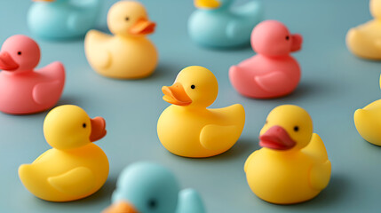 Colorful rubber ducks in a playful arrangement on a soft blue background. Rubber ducks pattern on blue, creative. Assorted rubber ducks in a variety of colors, ideal for diversity themes.