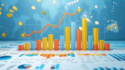 Poster - Financial Analysis Report Visualization with Dynamic Charts and Growing Line Graph on Blue Background