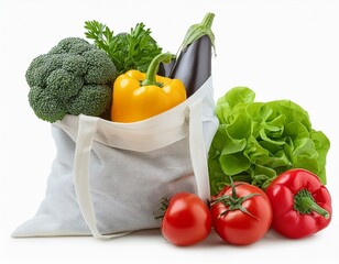 Weiße Einkaufstüte voll mit Gemüse - Karotten, Paprika, Melanzani, Tomate, Gurke und Brokkoli und Salat